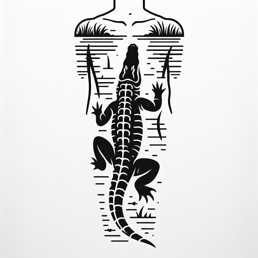 Alligator Fullbody In Swamp Lineart
