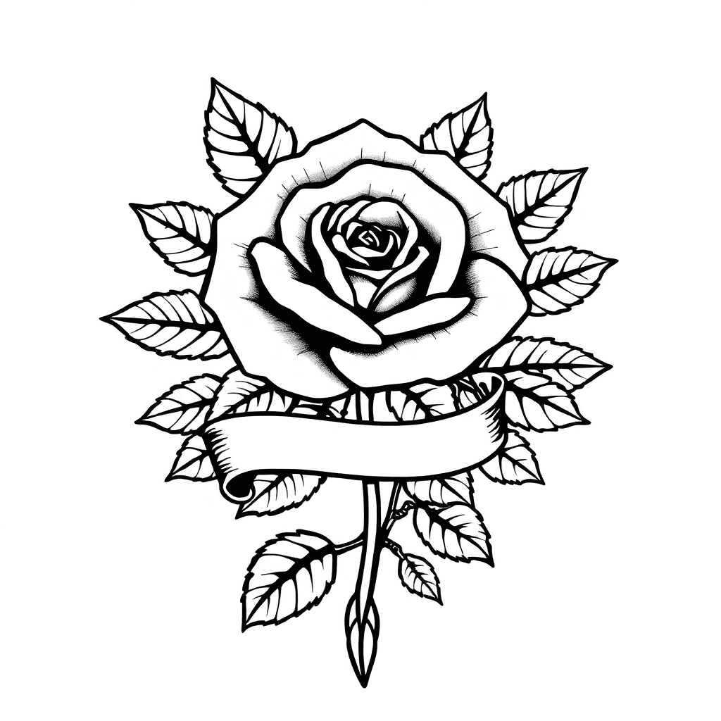 Rose With Banner With Lots Of Leaves