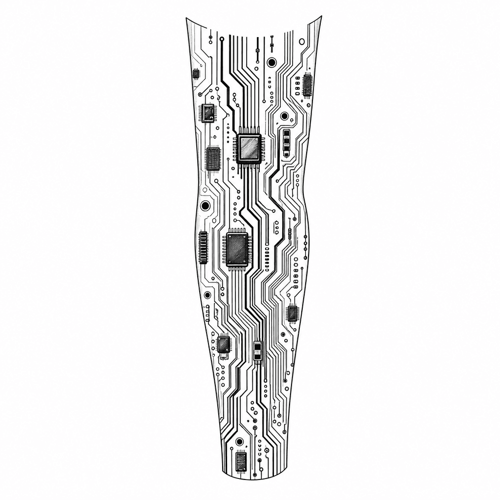 Blackwork Tattoo, Top Forearm Only, Elbow To Wrist, No Wraparound, Realistic Pcb Motherboard Traces, Microchips, Vias, Solder Pads, Clean Geometric Circuitry, Follows Forearm Anatomy, Black Ink Only