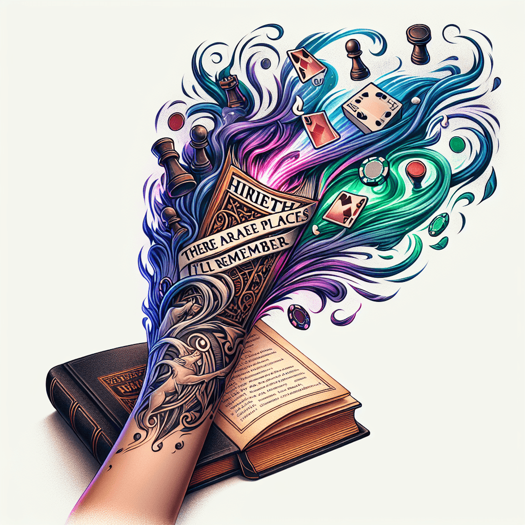 Forearm Tattoo Of A Book Titled "hiraeth" Opened With Poker Chips And Chess Pieces Magically Flying Upwards With Smoke And With The Words "there Are Places I'll Remember"