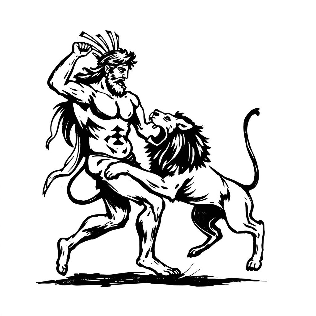 Hercules Fighting Nemean Lion. Old Greek Black-figure Pottery Style
