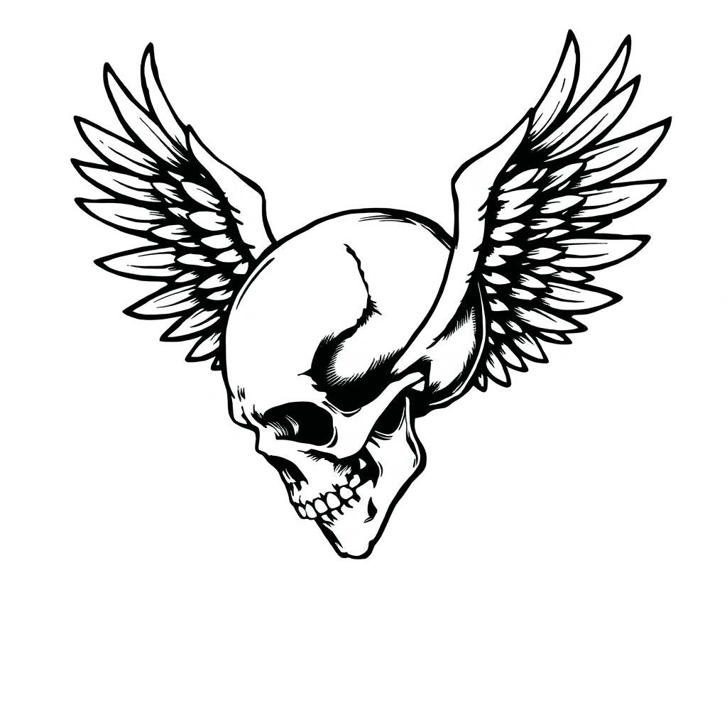 Winged Skull, Facing Completely Sideways, White Background