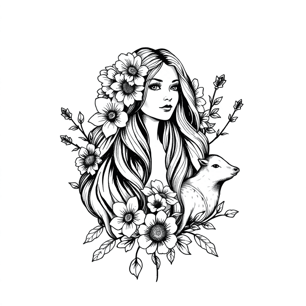 Göttin Ostara Mit Blumen Im Haar Umgeben Von Hasen Und Lämmern