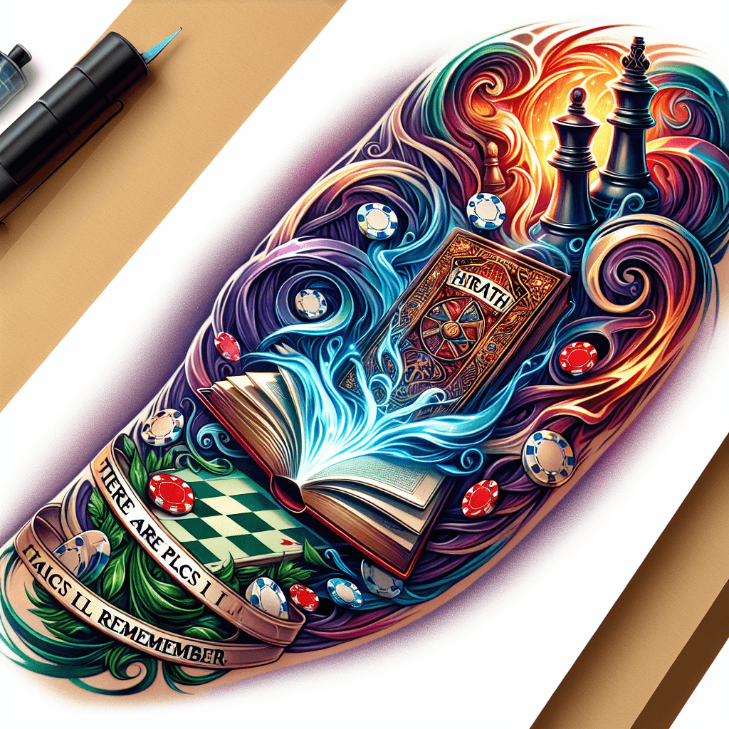 Forearm Tattoo Of A Book Titled "hiraeth" Opened With Poker Chips And Chess Pieces Magically Flying Upwards With Smoke And With The Words "there Are Places I'll Remember"