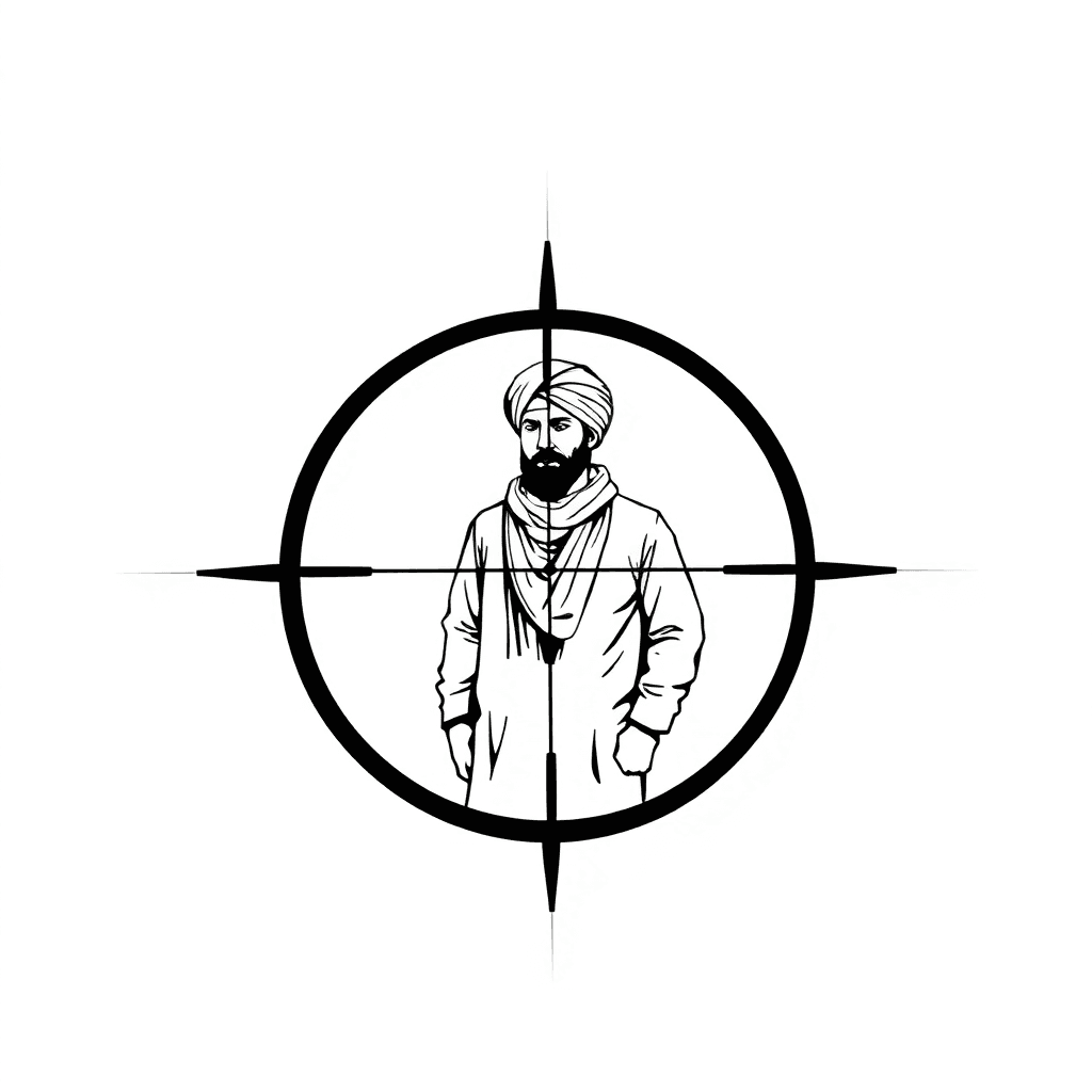 A Minimalist Black-ink Tattoo Design Showing The View Through A Sniper Scope. In The Center Of The Crosshair, There Is The Upper Body (waist Up) Of A Man Wearing Traditional Afghan Clothing (turban An