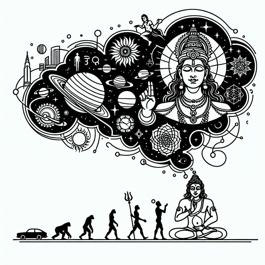 Single line "Vishnu dreaming universe creation; above: planets, chakras, human evolution to modern inventions like cars, computers, skyscrapers. Universe as divine dream. Detailed and interconnected" Tattoo Design