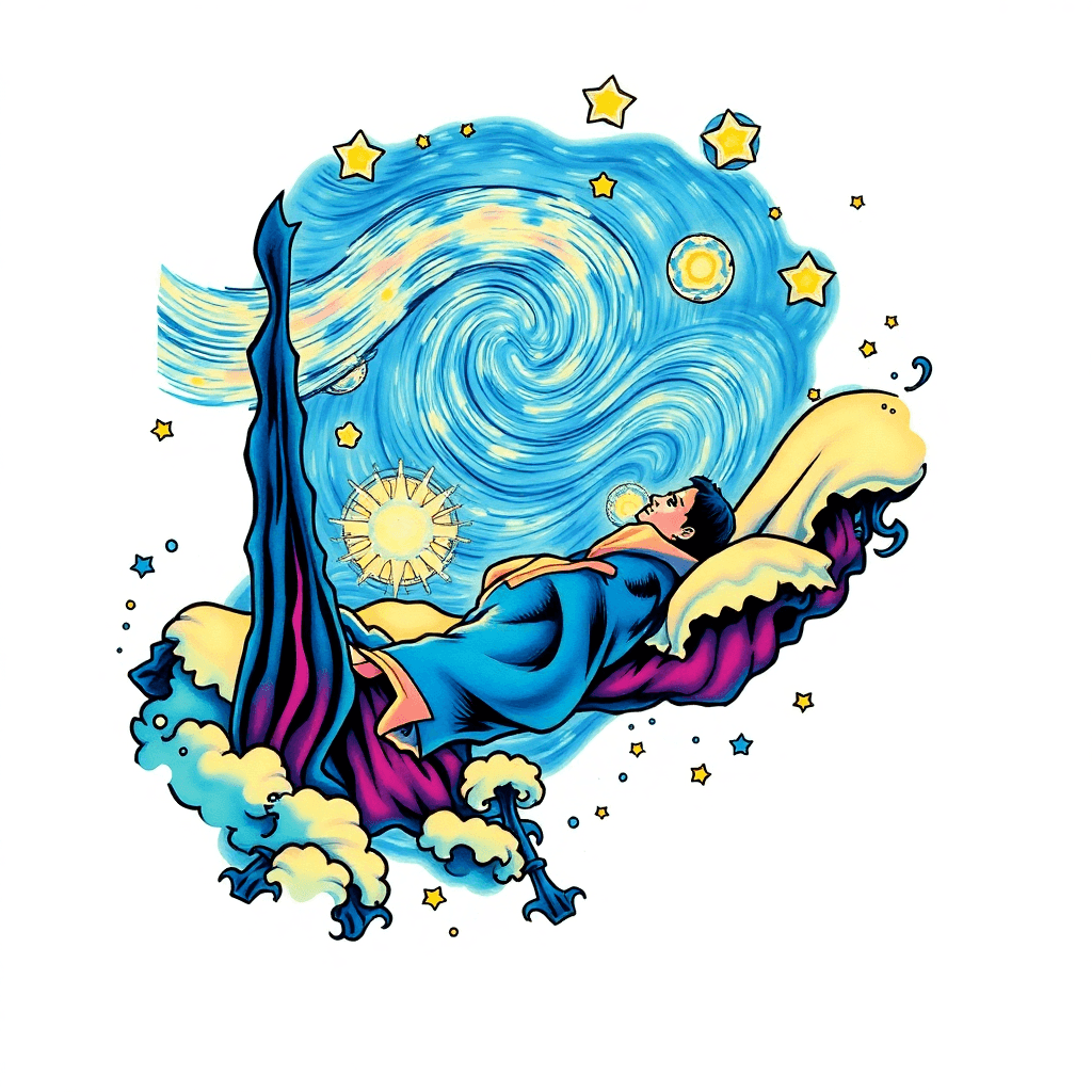 A Three Quarters Sleeve Depicting Dc Comics’ Morpheus Character Floating In The Sea Of Dreams, Which Should Stylistically Be Depicted As Very Similar To Van Gogh’s Starry Night