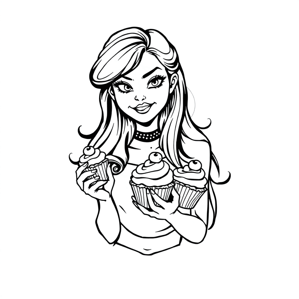 A Retro Girl With Long Hair And Sarcastic Smile Holding Fresh Baked Cupcakes