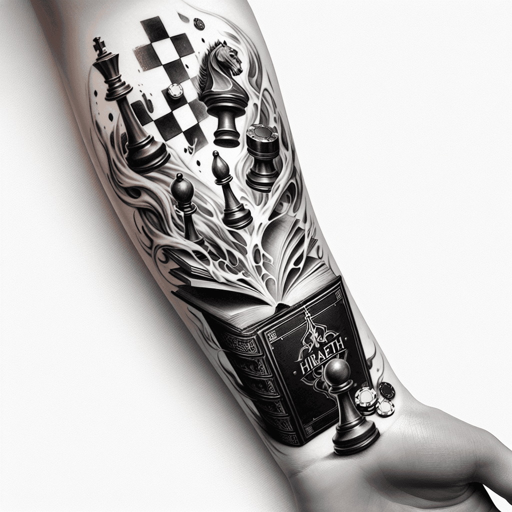 Fantasy Style Forearm Tattoo Of An Opened Antique Book Titled “hiraeth” With Poker Chips And Chess Pieces Rising Up And Floating Out With Smoke Intertwining