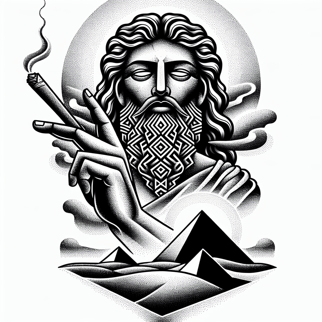 Nubis God Looking Down Over The Pyramids With One Hand  A Blunt In It And The Other Hand Holding A Blade