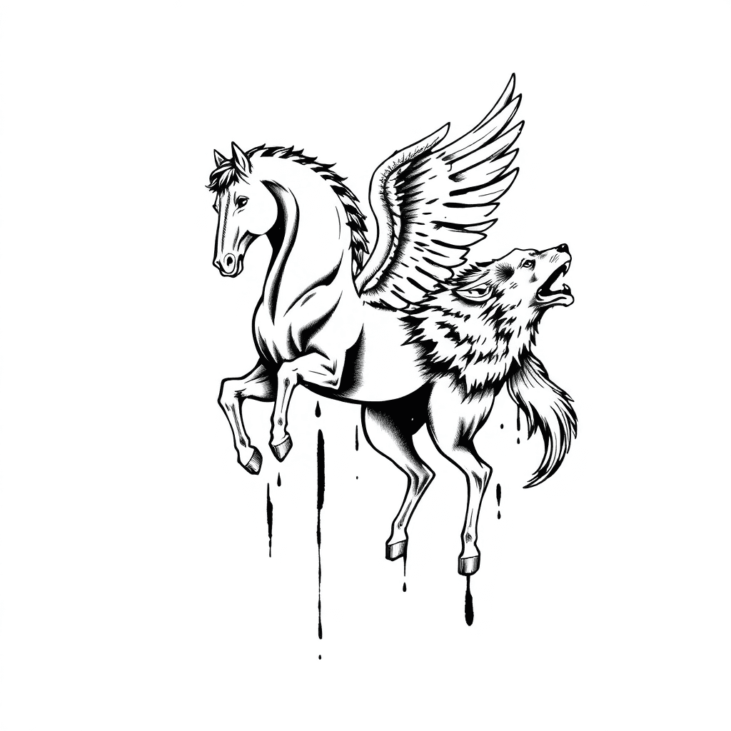 Dark Horse Pegasus And Wolf With Blood Full Sleeve Tattoo