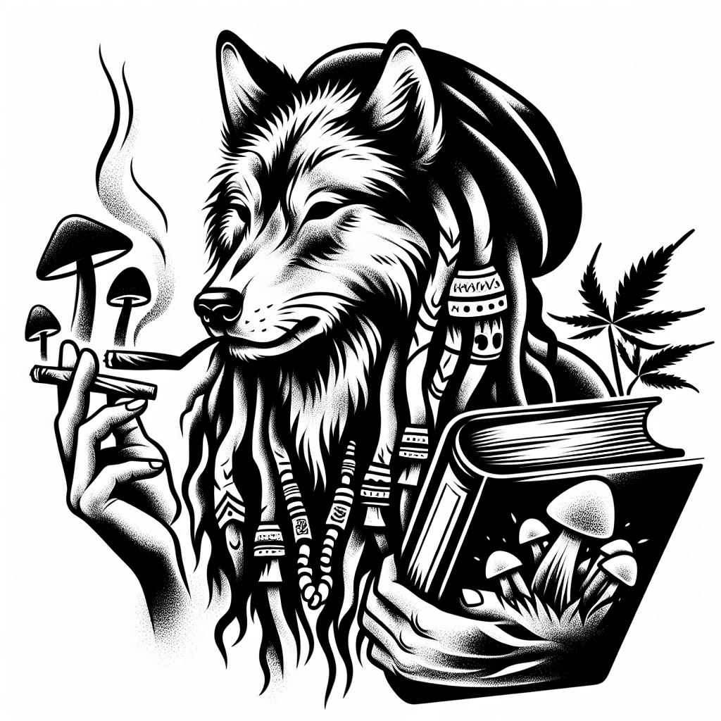 Wolf Resembling A Man With Dreads With A Blunt, Book On Herbs, And Shrooms In Hand.