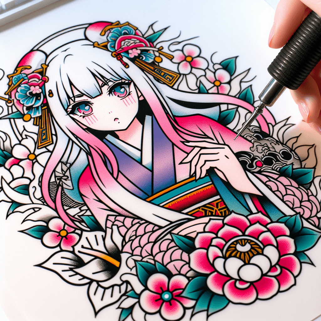 Traditional "anime girl with white and pink hair tattooing" Tattoo Design