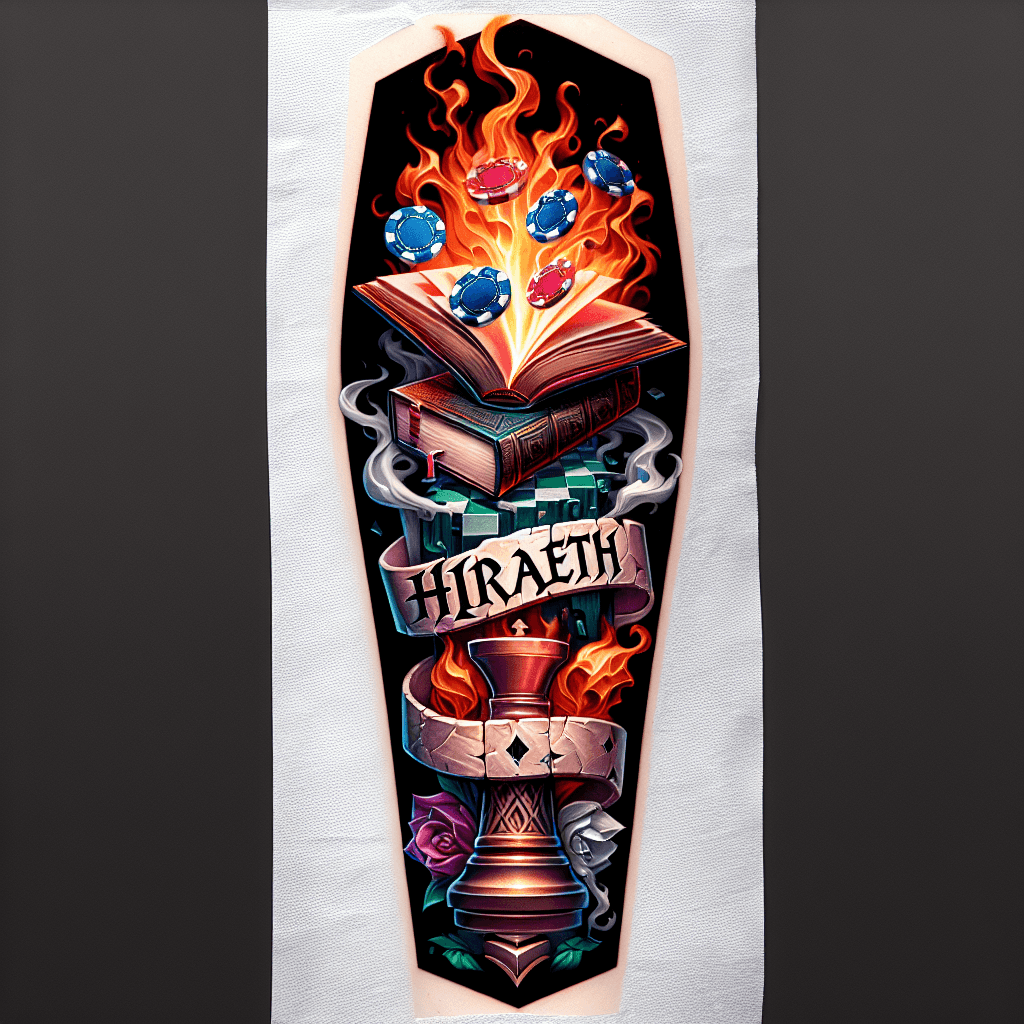 Forearm Tattoo Of An Open Book With Poker Chips And Chess Pieces Coming Out With Smoke And Fire And The Word “hiraeth” Carved In A Stone Banner