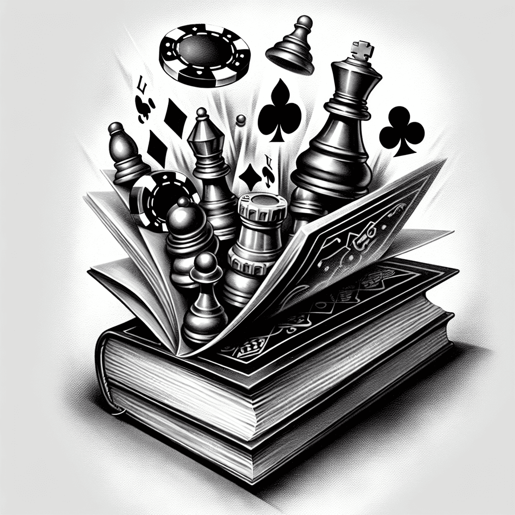 Poker Chips And Chess Pieces Mystically Rising From An Old Book