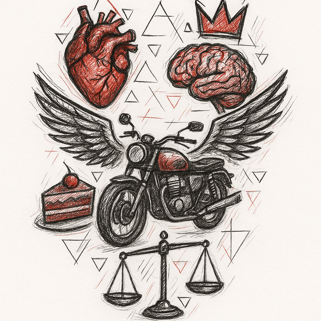 Motorbike With Wings, Heart, Brain, Crown, Cake, Scales. Lines, Triangles, Hexagons. Black And Red Colours