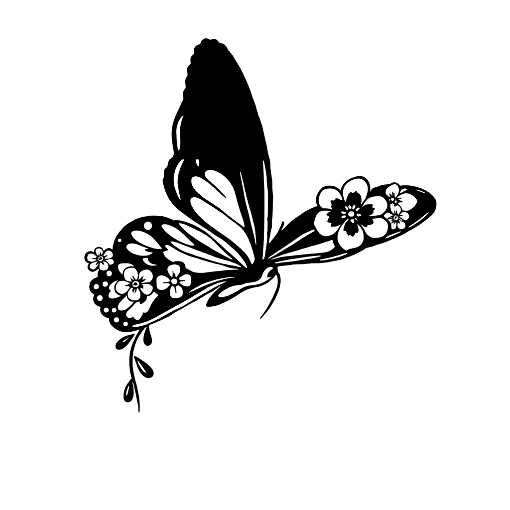 Butterfly With One Blacked Out Wing And One Wing Made Of Flowers