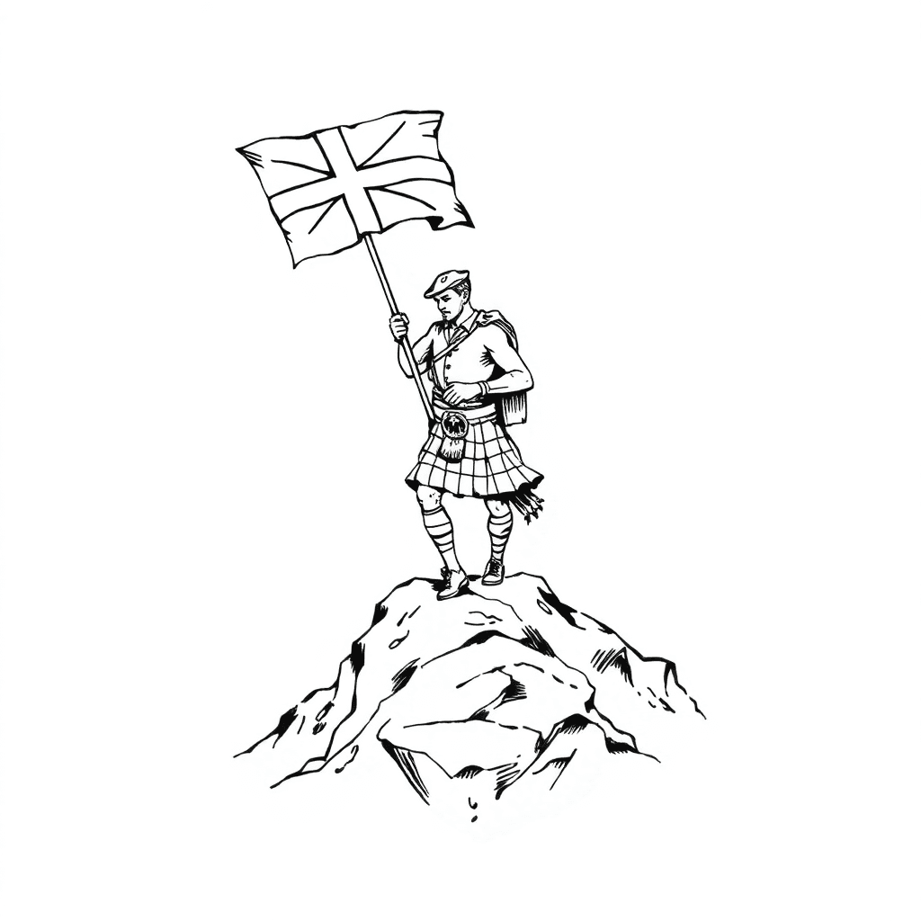 Highland Man In Kilt Carrying St Andrews Cross Flag Up A Mountain
