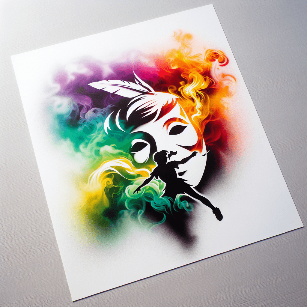 Realistic Theater Mask With Peter Pan Silhouette On It And Smoke Swirling Around