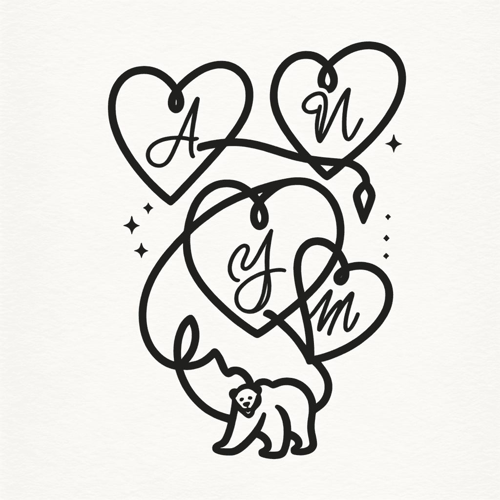 Single line "3 hearts linked to a bigger one letters A J N ... mama bear" Tattoo Design