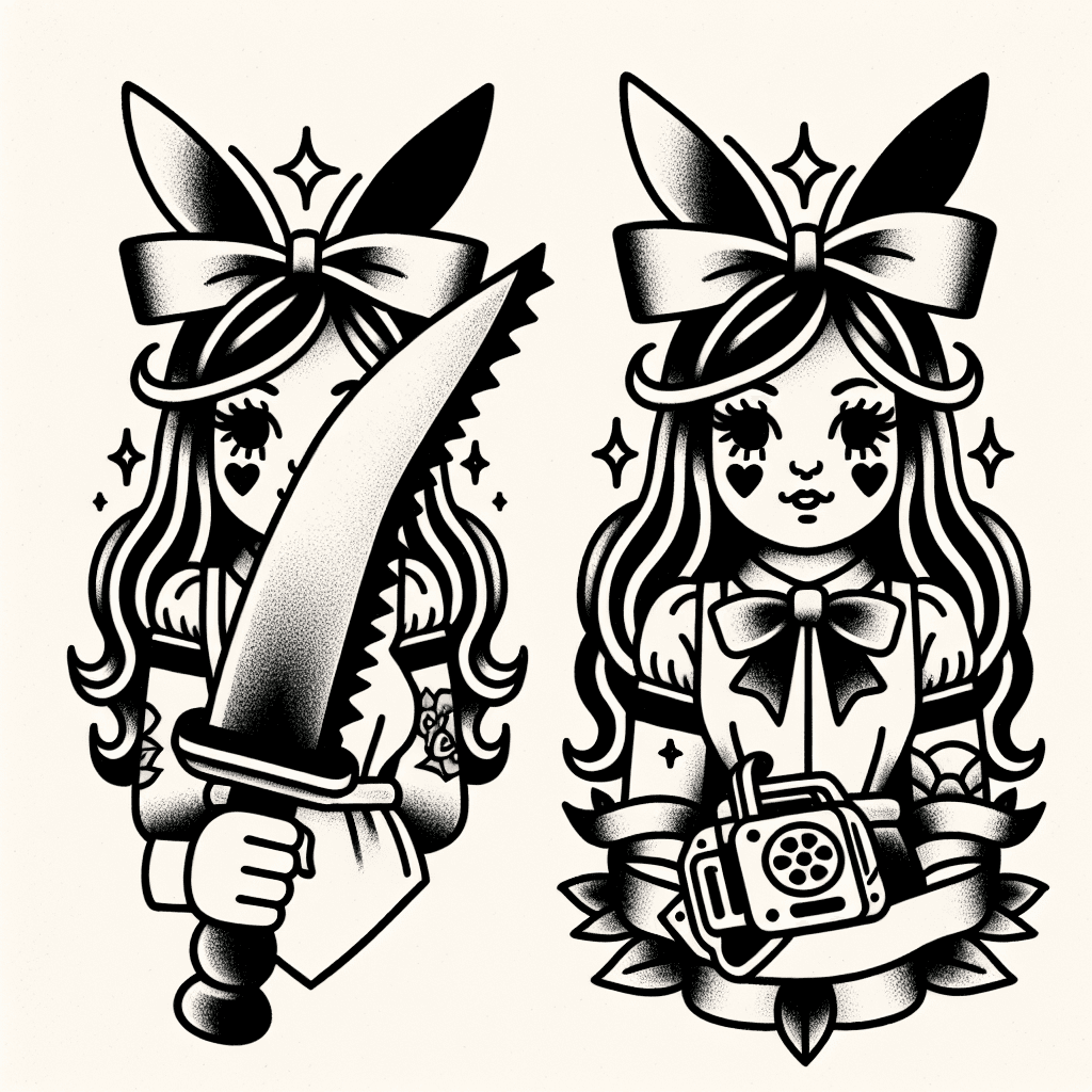Anime Girl With Long Hair, Bunny Ears, Holding A Knife Wrapped With A Bow With One Hand And Holding A Cute Mini Chainsaw On The Other Hand