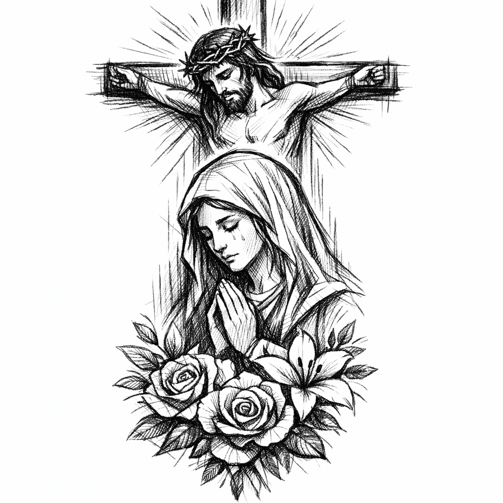 A Tattoo With Jesus, Cross, Mary, Flowers