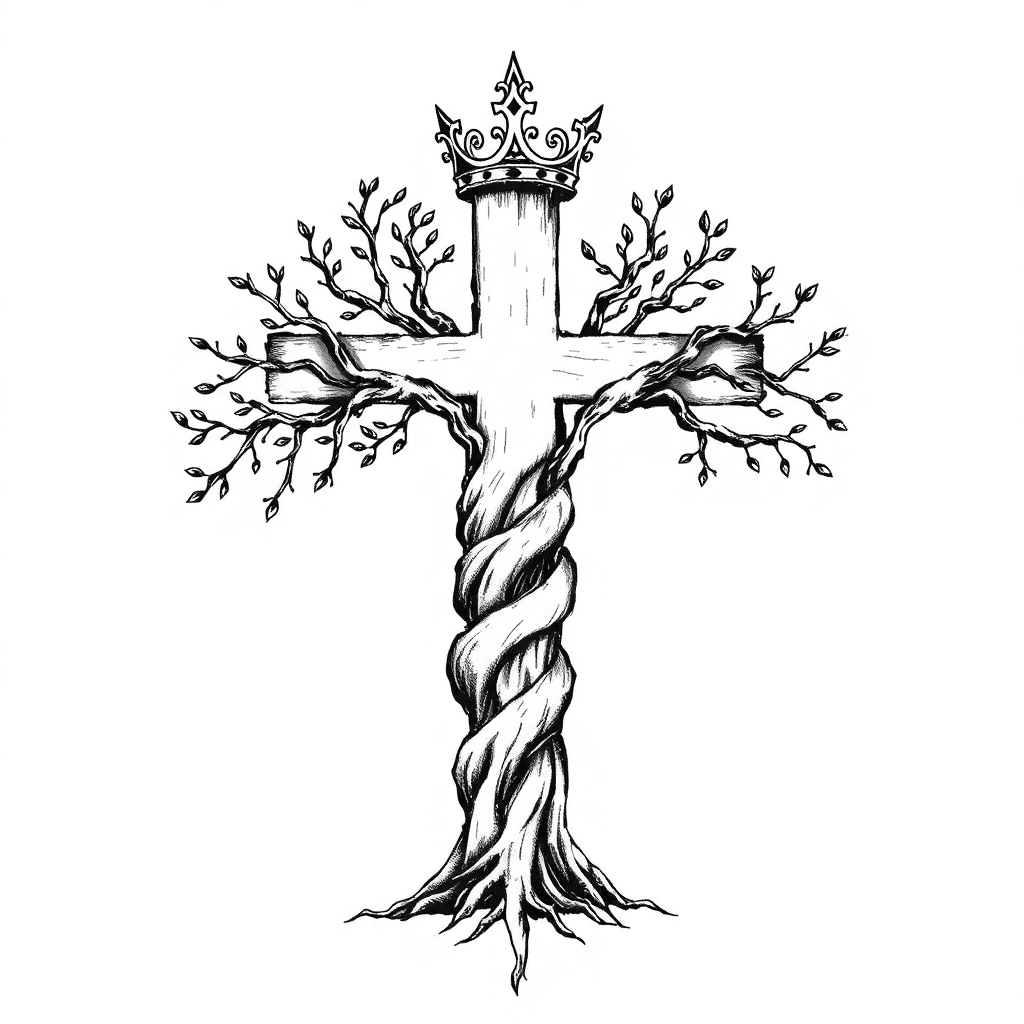 Poison Tree Spiraling Up Cross And At The Top Of The Cross Has The Crown Of Throns