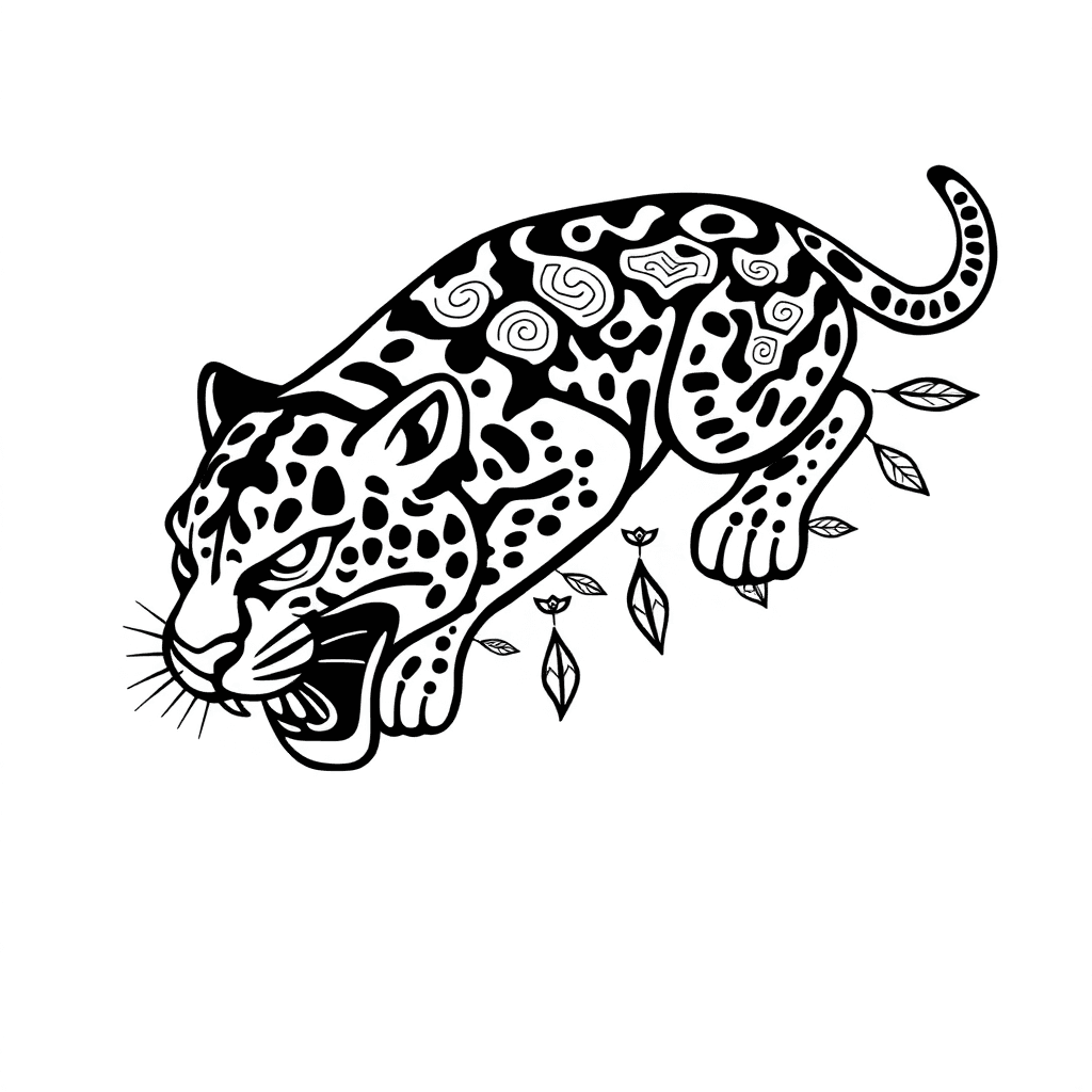 Traditional "A jaguar descending with mesoamerican style maya aztec and inca" Tattoo Design