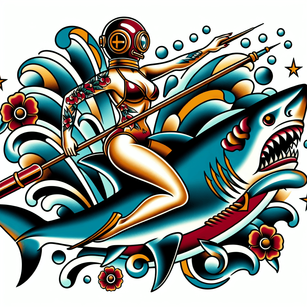 Traditional "Woman in bikini with diving helmet riding a giant shark" Tattoo Design