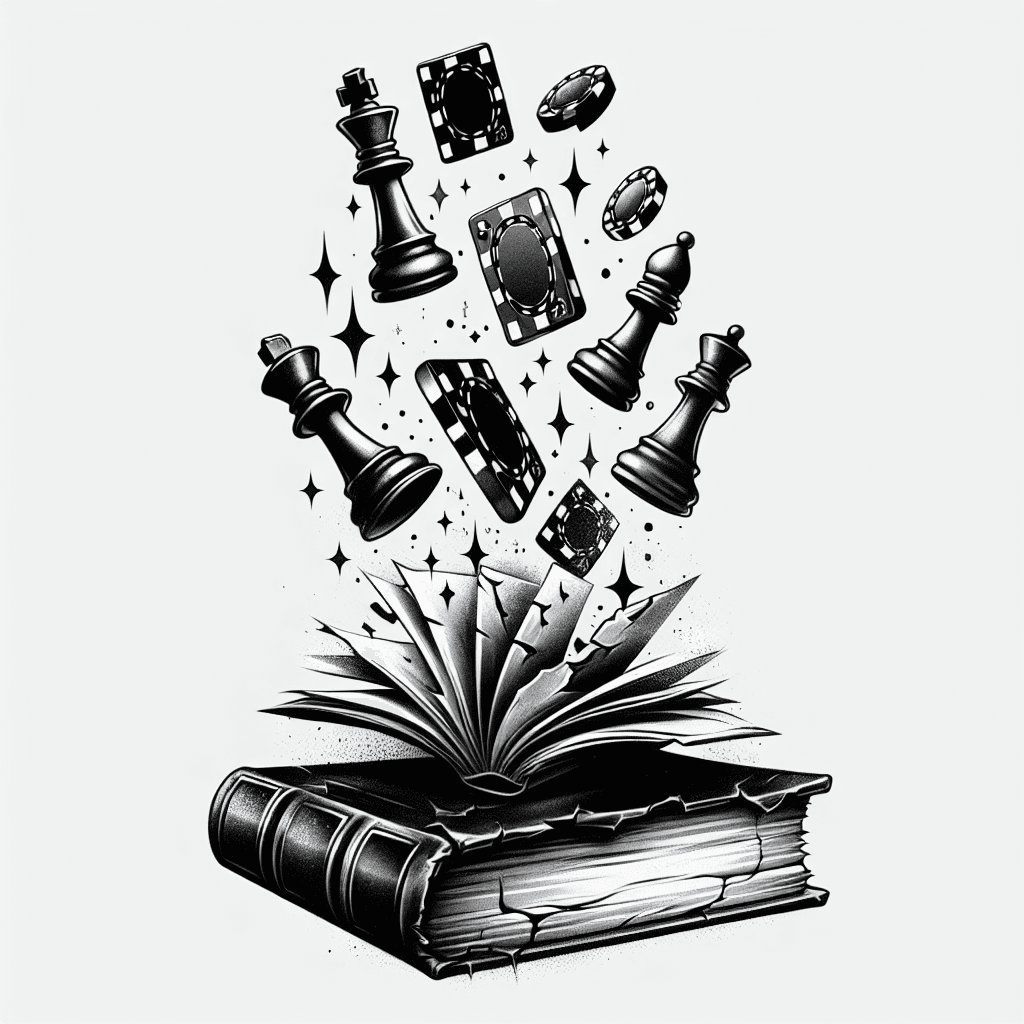 Chess Pieces And Poker Chips Magically Floating Up Out Of A Tattered Old Book Starting Small And Gradually Getting Bigger