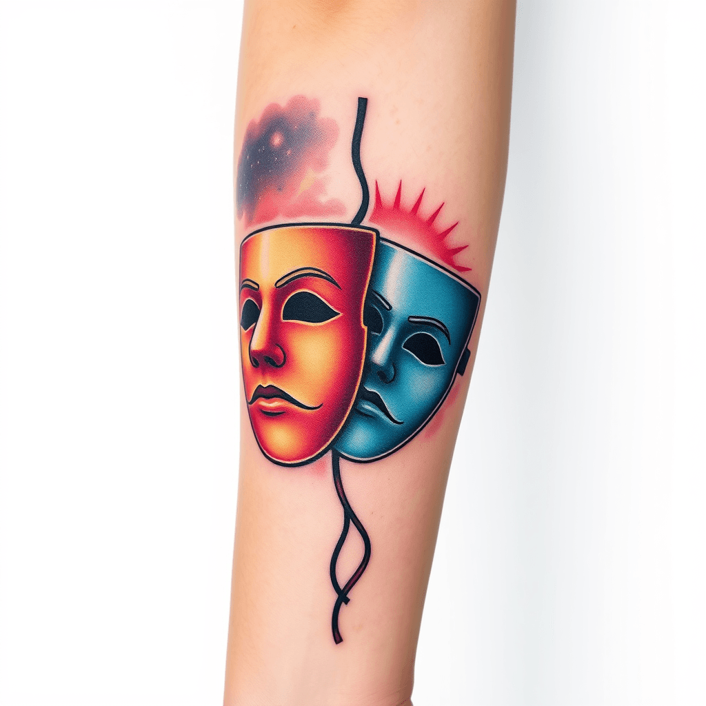 Back Of Forearm Tattoo Of A Theater Mask Against A Backdrop Of The Night Sky