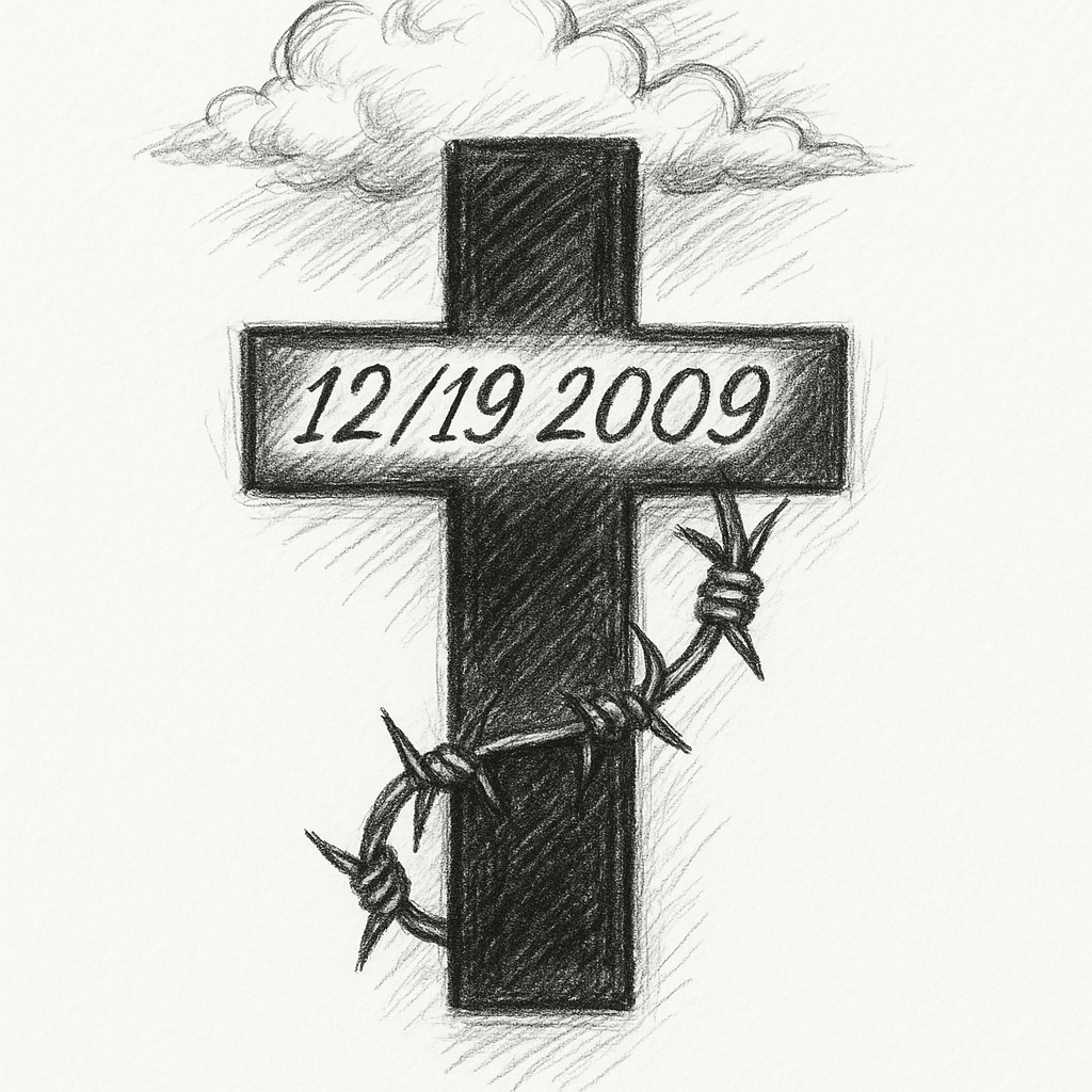 A Realistic Black Cross Filled In Solid Black.
barbed Wire Wraps Around The Cross.
realistic Clouds Sit Above It.
the Date “12/19/2009” Is Written Across The Top Part Of The Cross. In A Cursive Font