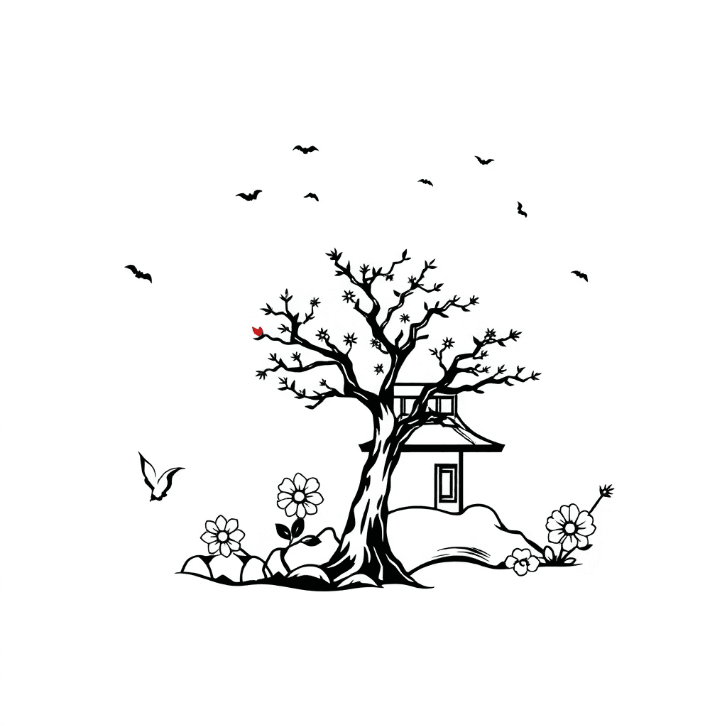 A Whimsical Anime-inspired Depiction Of The Four Seasons In A Blackwork Style