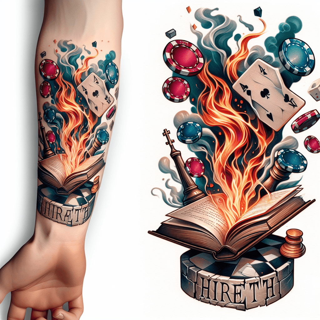 Forearm Tattoo Of An Open Book With Poker Chips And Chess Pieces Shooting Out With Smoke And Mist With “hiraeth” Carved In A Stone Banner