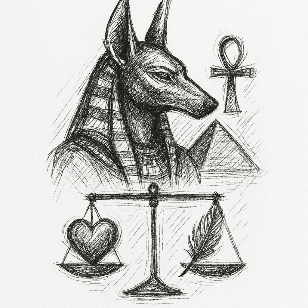 Anubis, With A Heart And Feather Balance, A Pyramid And Anhk
