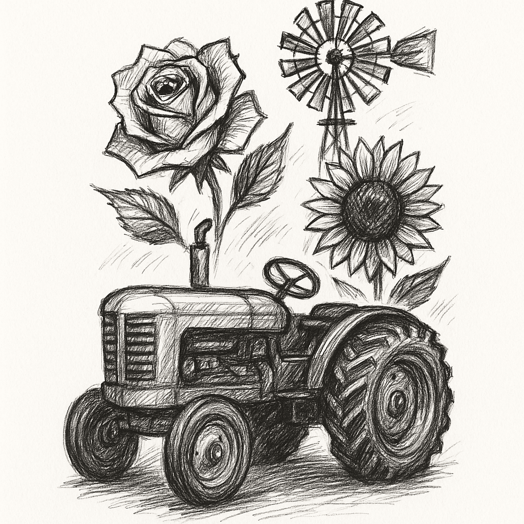 Farm Tractor, Rose, Sunflower, Farm Windmill