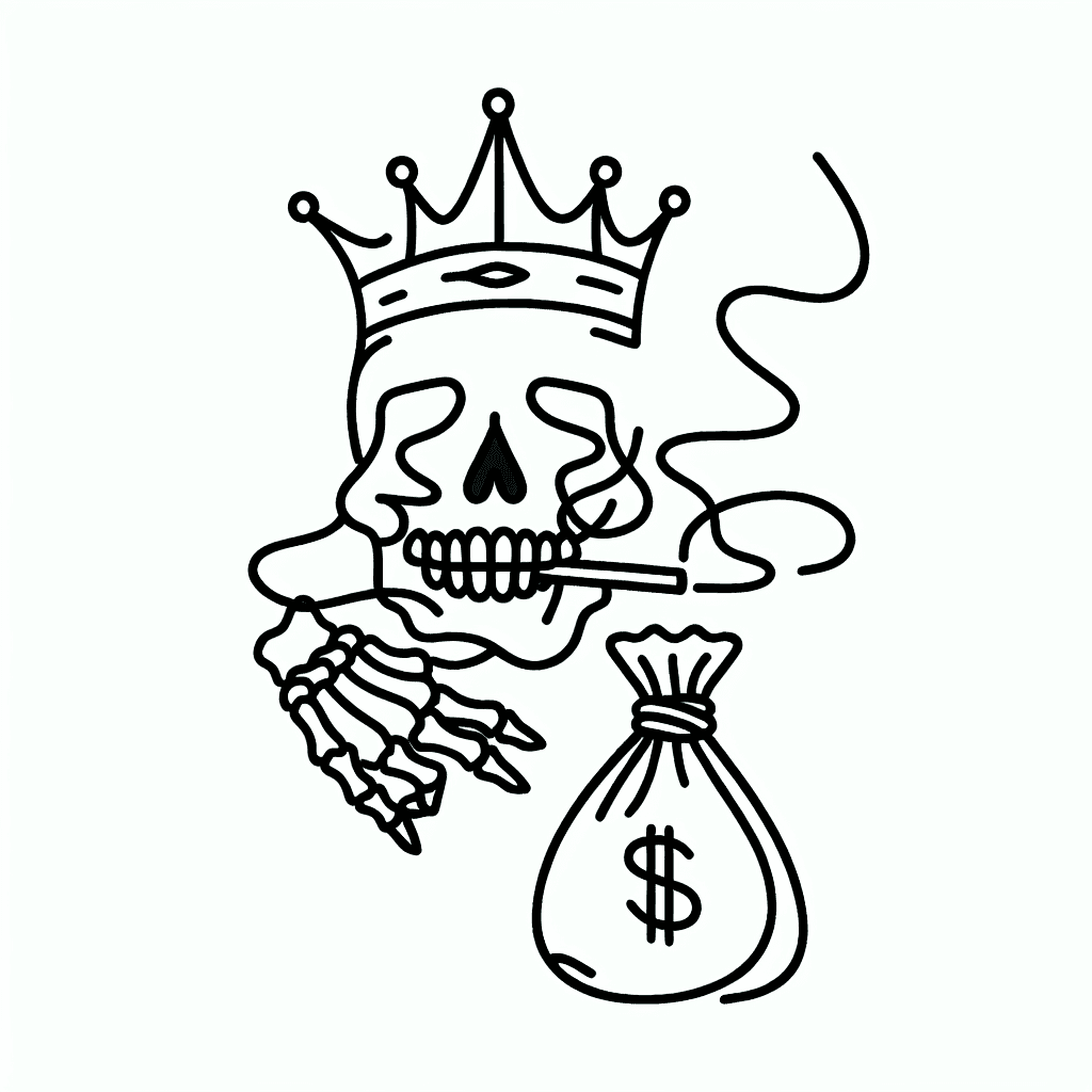Single line ""Trust No One" skull wearing crown and smoking a cigarette surrounded by money bags" Tattoo Design