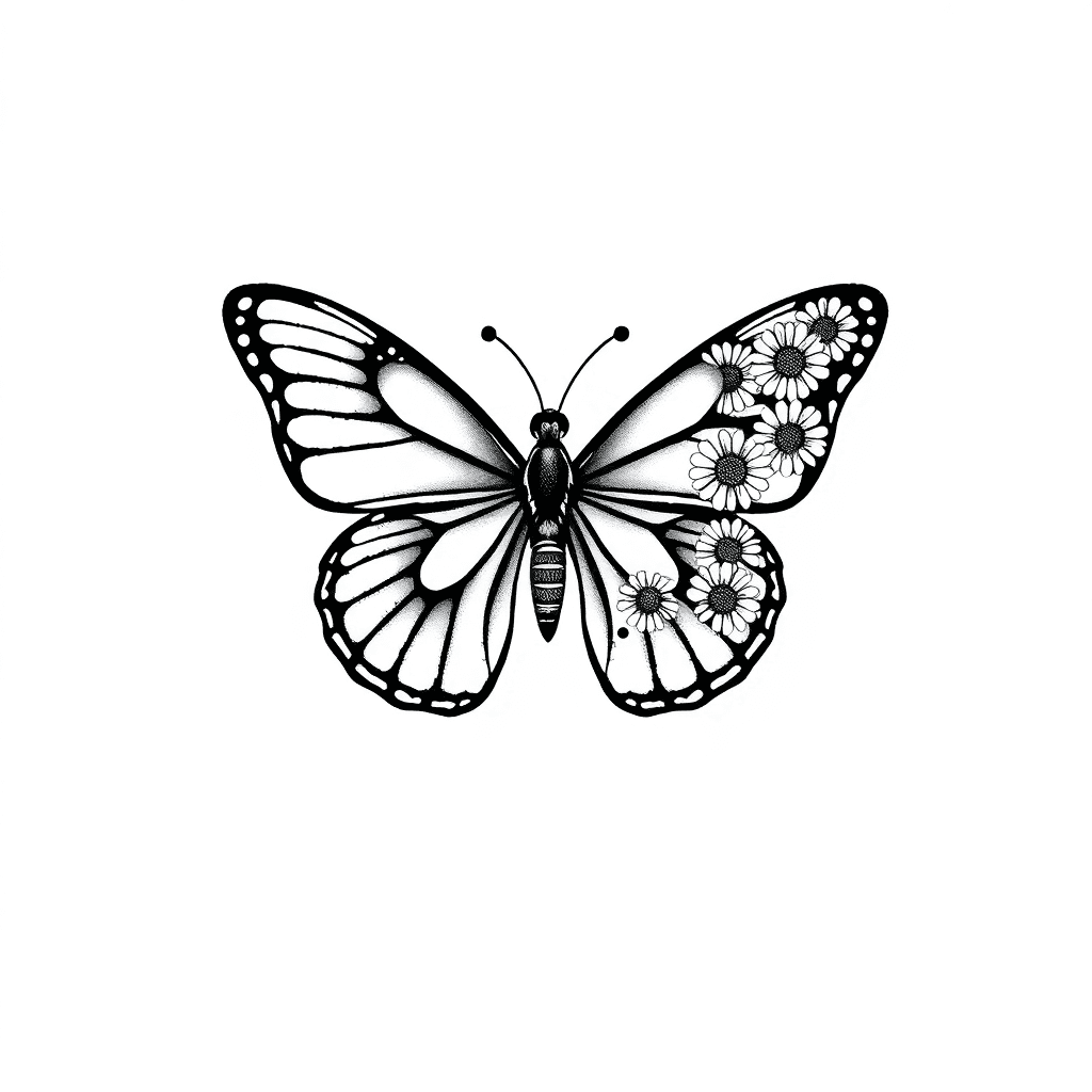 A Butterfly That Has One Regular Wing And One Wing Made Of Daisy Flowers