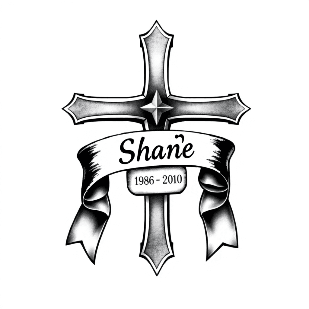 A Cross With A Ribbon Around It That Has Shane On It And His Birthday 1986-2020 With Dog Tags On It To