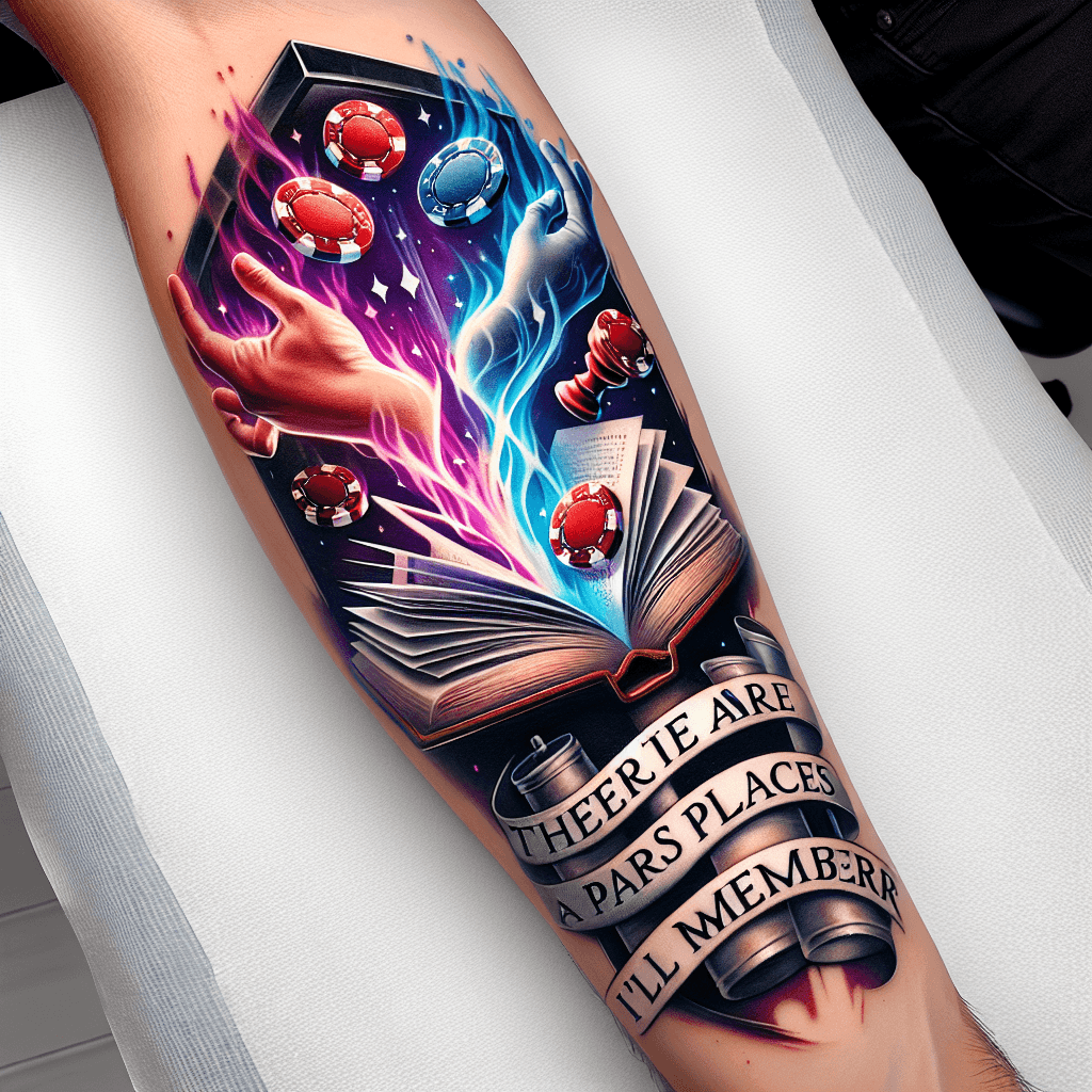 Forearm Tattoo Of A Book Titled "hiraeth" Opened With Poker Chips And Chess Pieces Magically Flying Upwards With Smoke And With The Words "there Are Places I'll Remember"