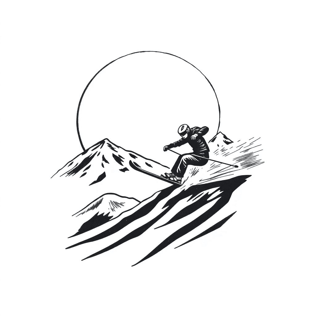 A Silhouetted Skier Gliding Skillfully Down A Mountain With The Moon Rising Behind Him, Black And White, In A Vintage Style Like A Photograph From The 1960s