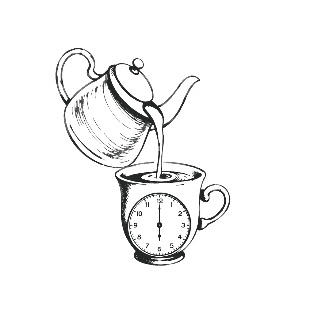 Tea Pot Pouring Into A Tea Cup With A Stop Watch Below It
