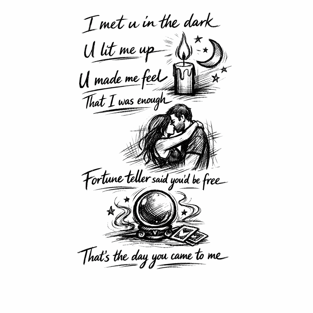 I Met U In The Dark
u Lit Me Up
u Made Me Feel
that I Was Enough
fortune Teller Said You’d Be Free
that’s The Day You Came To Me