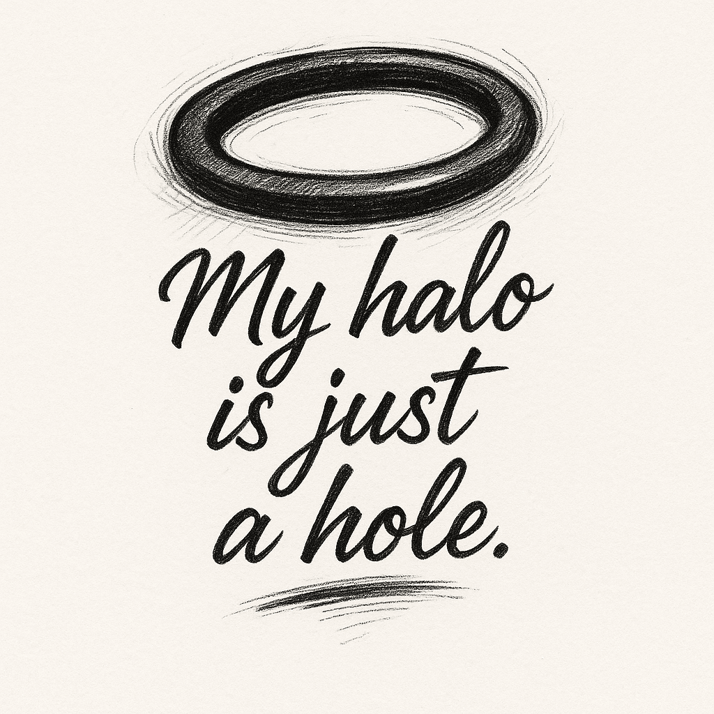frase: "my Halo Is Just A Hole."
estilo De Letra: Geométrico Cursivo (fuerte Y Legible).
aro/halo: Estilo Blackwork (&%*&@ Sólido) Con Un Efecto De Sombreado Suave Para Darle Ese Aspecto Tridimensi