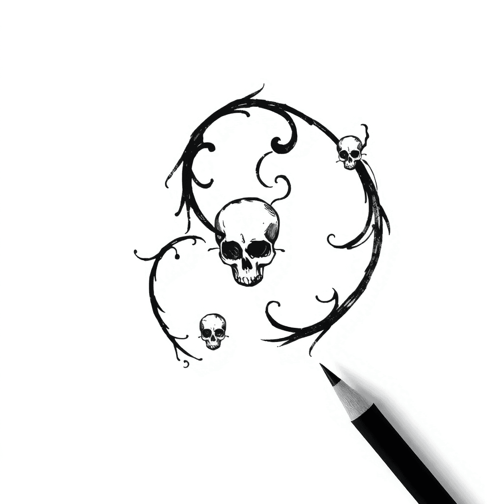 A Gothic Swirl With Small Skulls In Black Ink