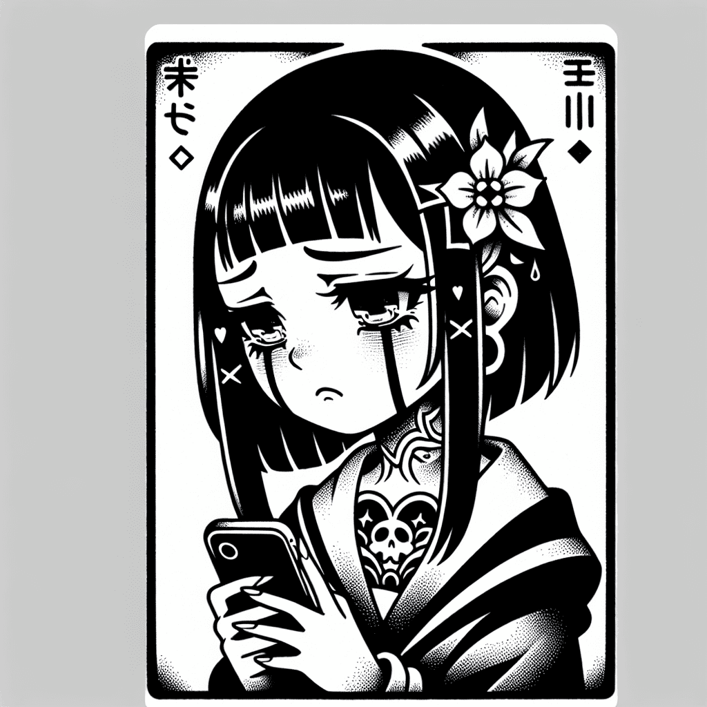 Devastated Anime Girl With Micro Bangs Staring Blankly At Her Phone