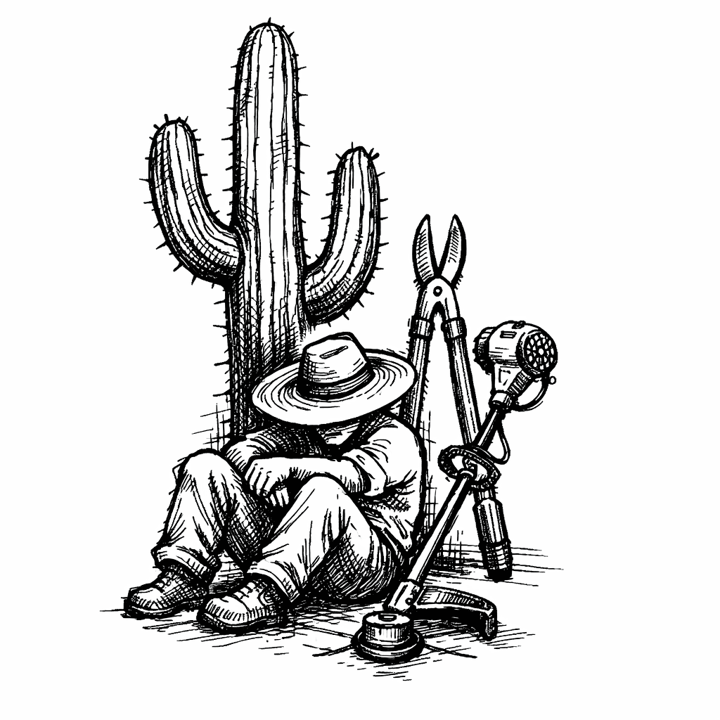 Man Having A Siesta Next To Saguaro Cactus And Loppers And Weed Eater