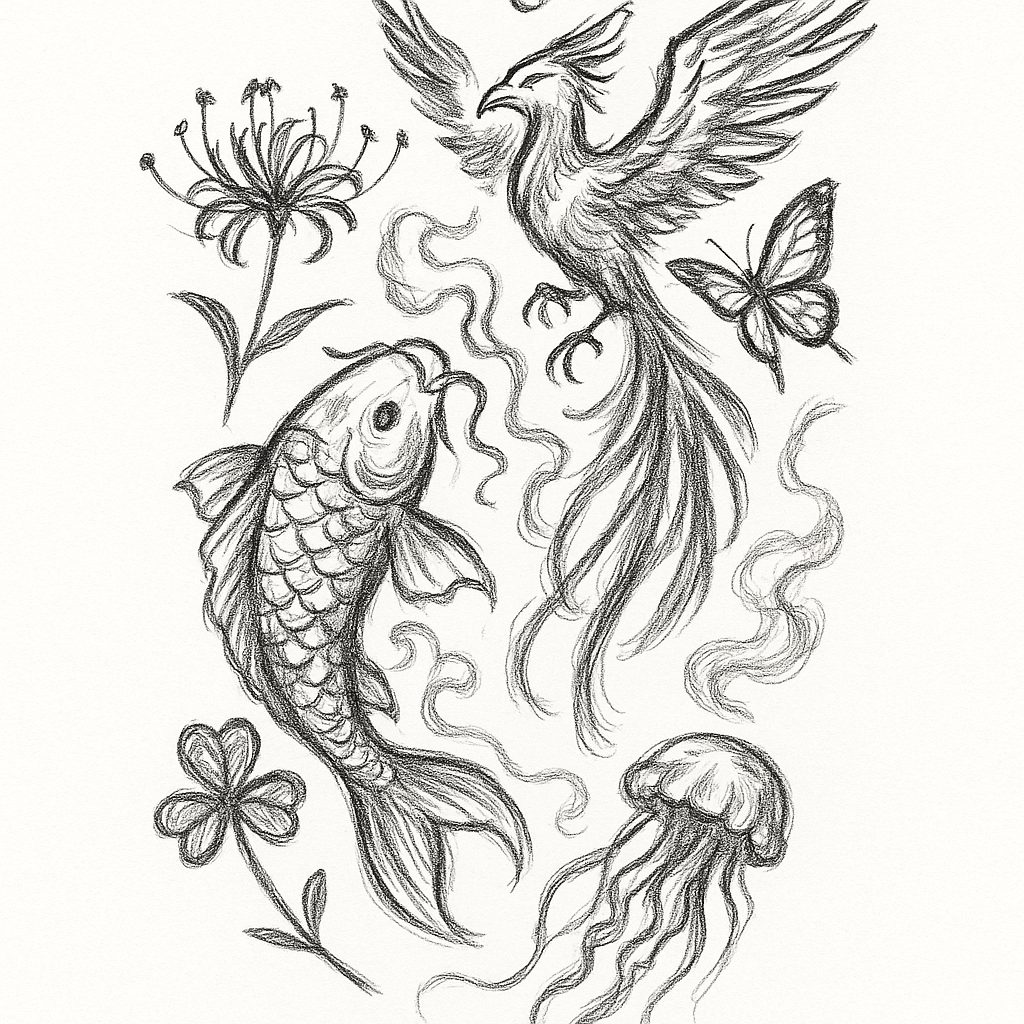 ปลาคาร์พ, นกฟีนิกซ์, ดอกฮิกังบานะ, โคลเวอร์, ผีเสื้อ,แมงกระพรุน,ควันไฟ