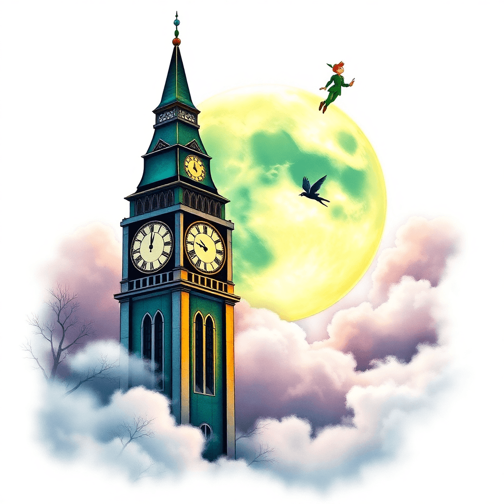 Clock Tower In Front Of Full Moon Woth With Peter Pan Flying Surrounded By Clouds And Fog