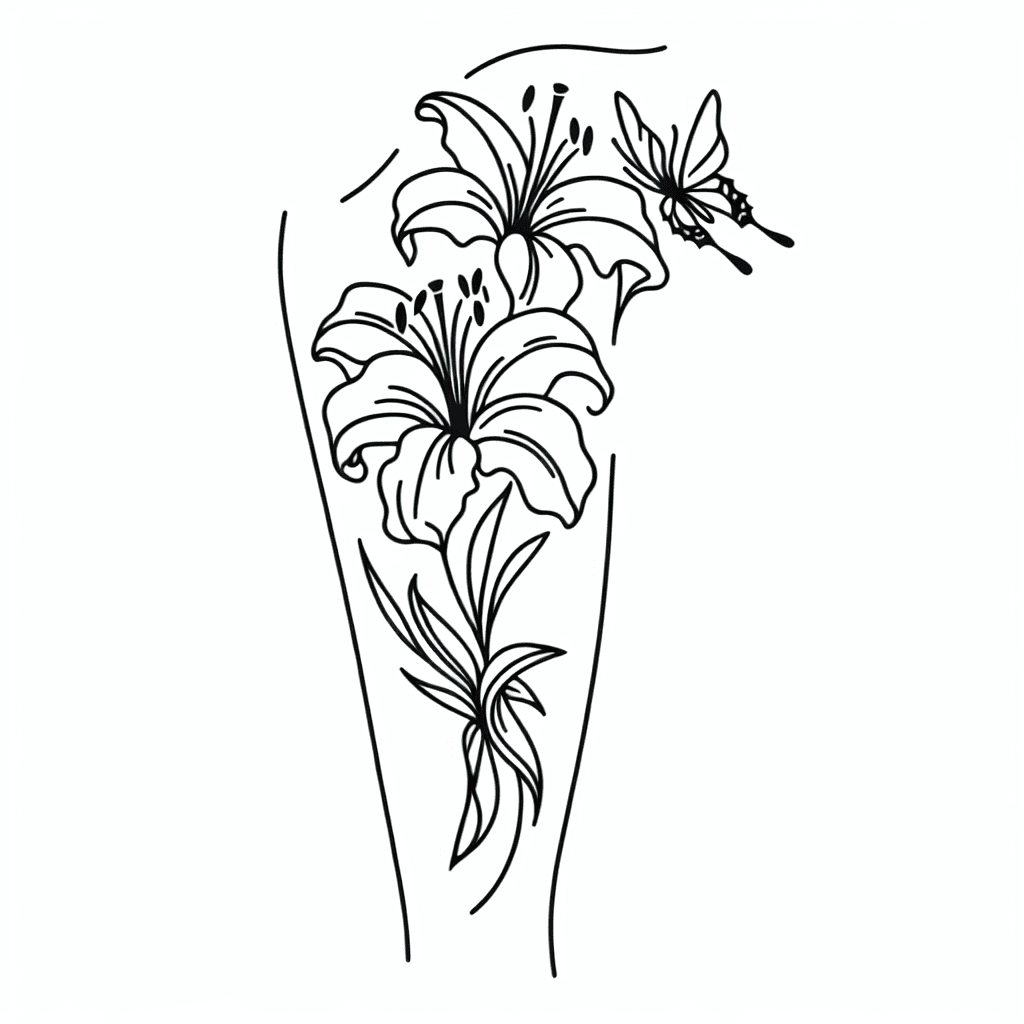 Single line "Sleeve with lilys on top of shoulder and butterflies" Tattoo Design